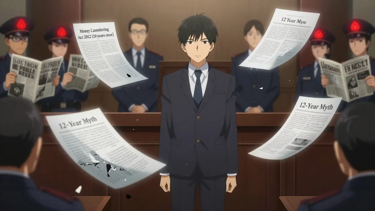 A courtroom scene with legal documents dissolving, revealing the 12-year crypto sentence as a myth.