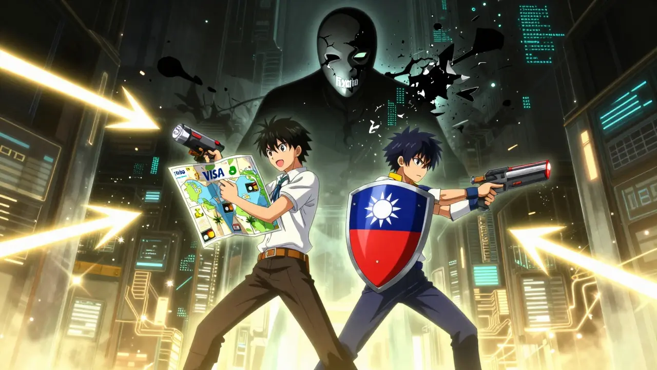 A crumbling 'Exbito' mask dissolving as two heroes defend against phishing attacks with EXMO and BitoPro symbols.