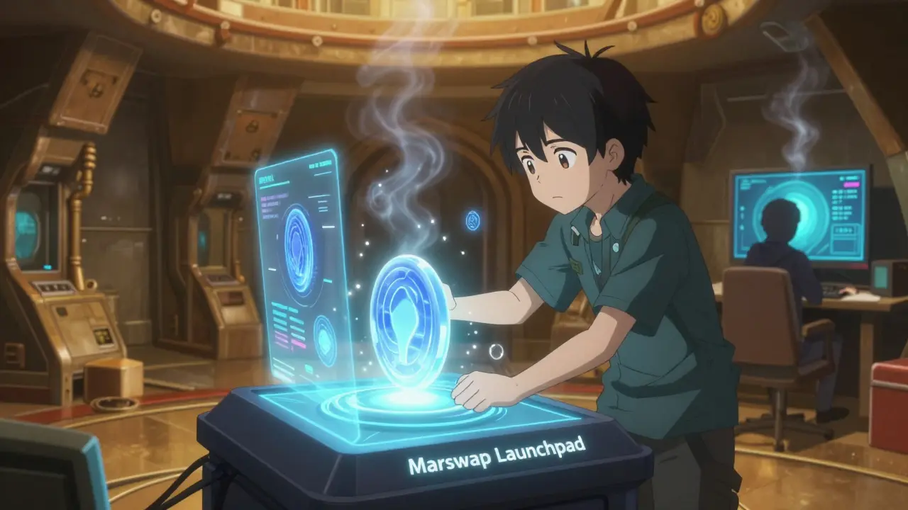 A developer launching a new token on a hidden Marswap console under Shibarium, holograms glowing around them.