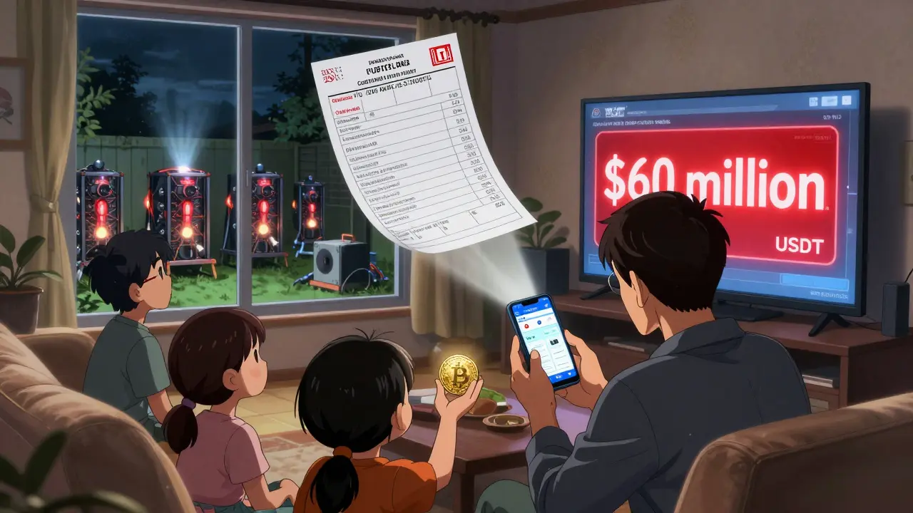 A family stares at a frozen crypto wallet while mining rigs glow in the background and a tax form hovers above them.
