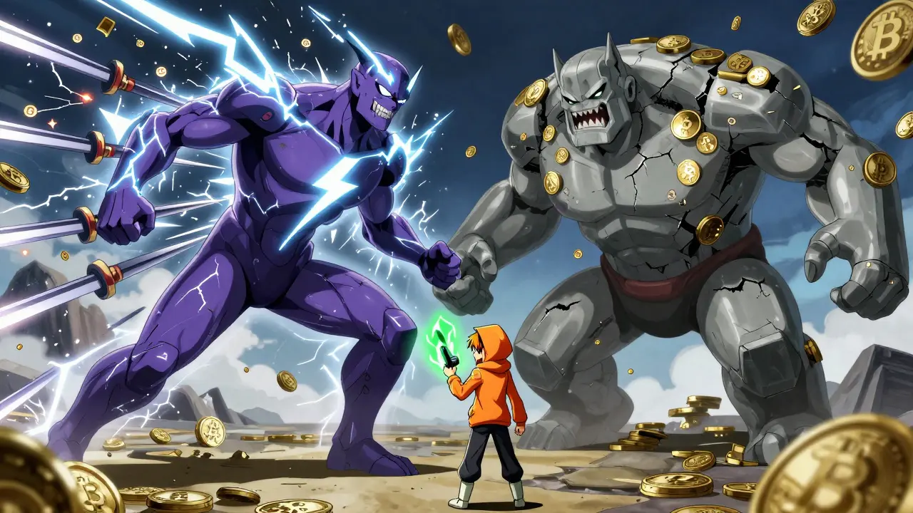 A fast Lightning Titan battles a slow on-chain monster, with a hero holding a splicing tool.