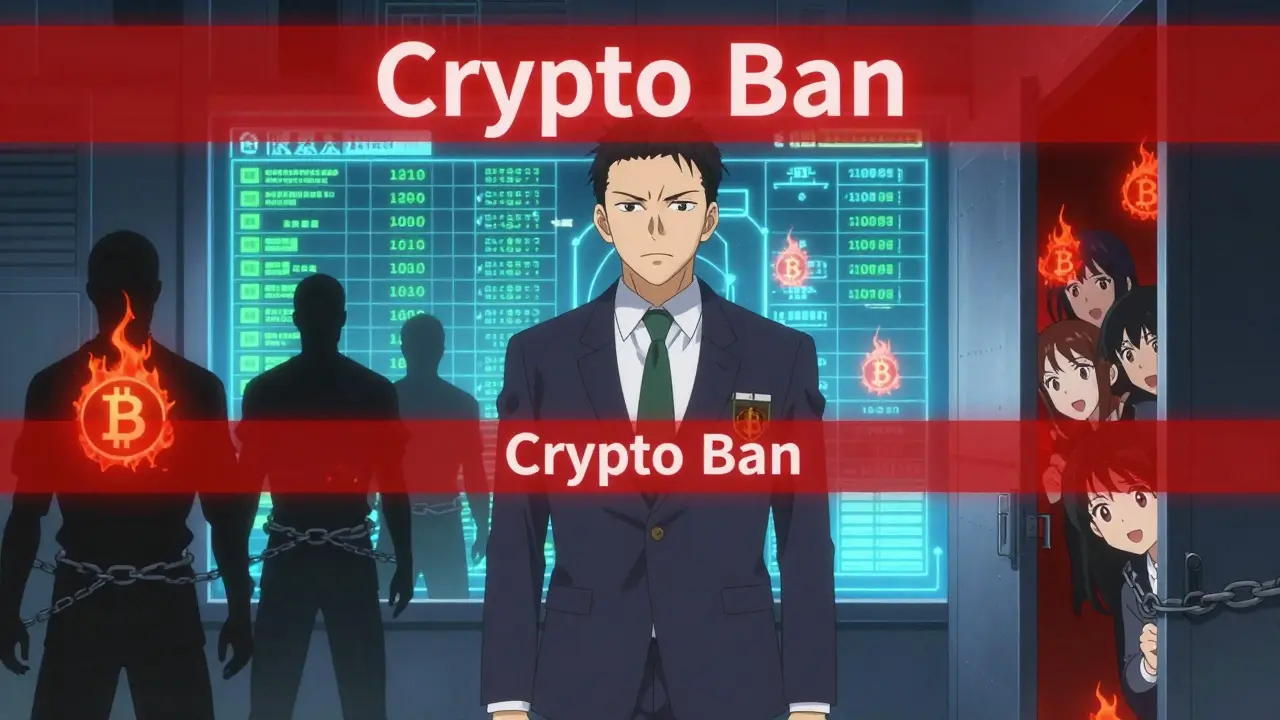 A government official stands before secure blockchain systems, while banned crypto symbols burn in shadows.