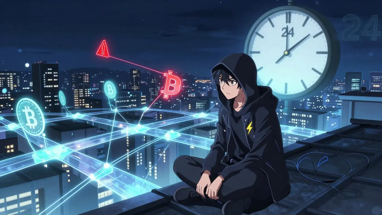 A hacker on a rooftop watches floating Lightning Network channels, one breaking under stress.