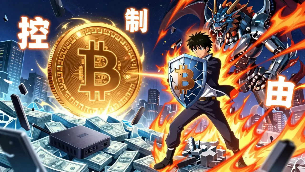 A hero battles a digital yuan dragon with a Bitcoin shield, frozen bank accounts and broken VPNs beneath them.