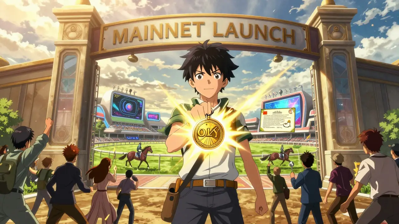 A hero holds a glowing OLY token that becomes a land deed, standing before a glowing gate to a merged digital-physical racetrack.