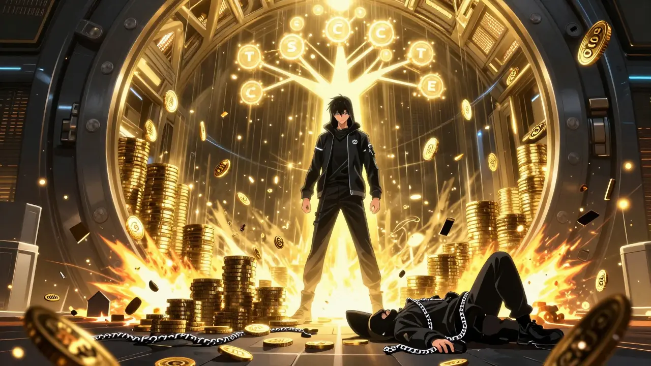 A hero standing before a bursting vault of CET tokens as cryptographic nodes rise into the sky, defeating a broken hacker.