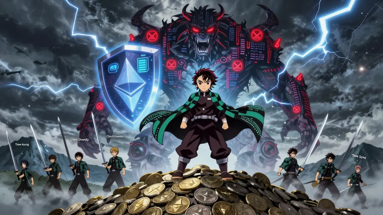 A hero validator fights a code-based slashing beast with tools of redundancy and client diversity.