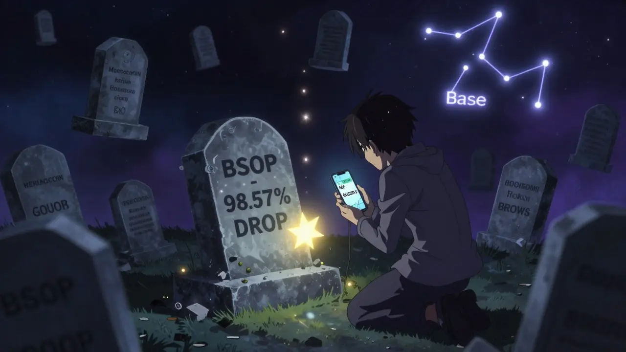 A lone figure kneels before a BSOP tombstone in a crypto graveyard, a dying spark rising above it.