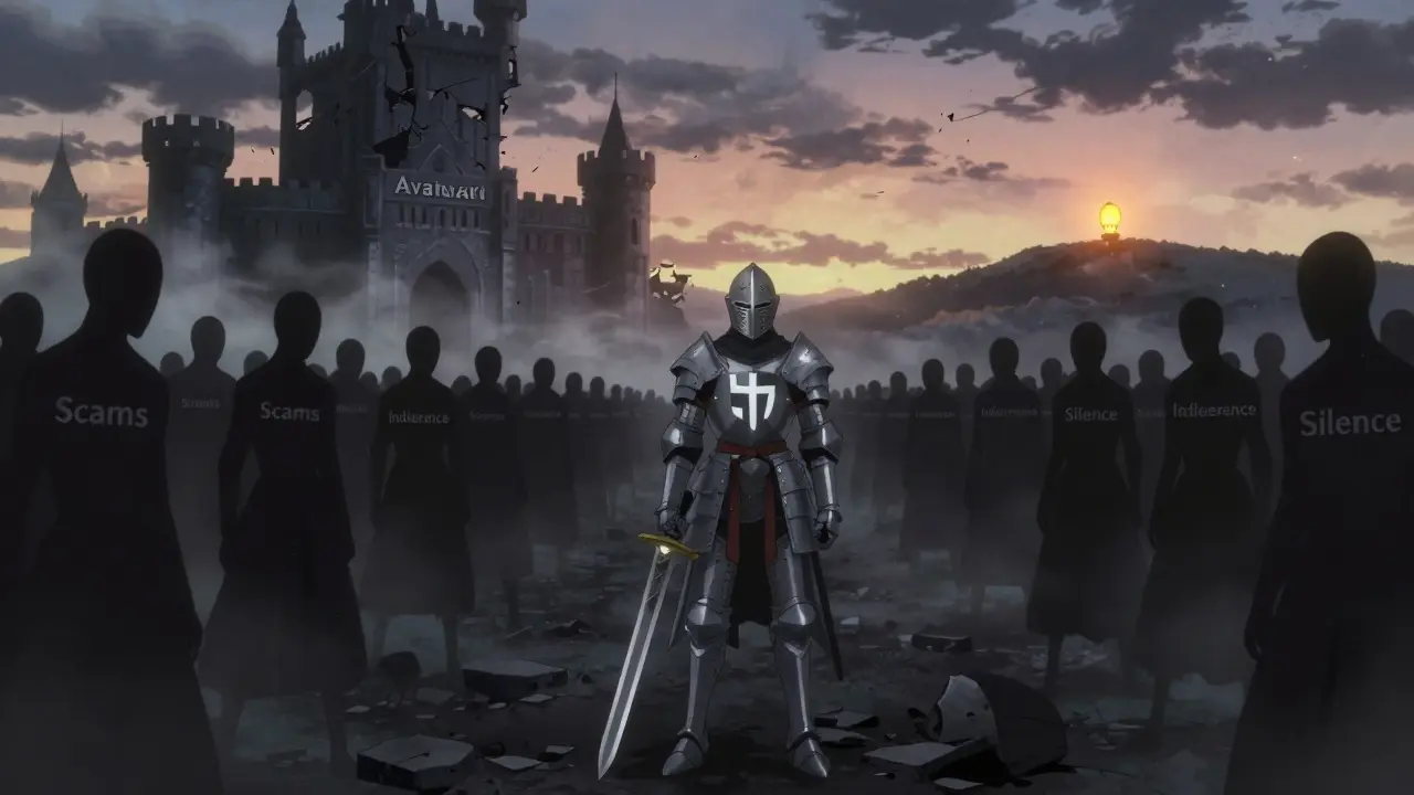 A lone knight made of BNU token armor stands against shadowy forces, a crumbling castle behind them.