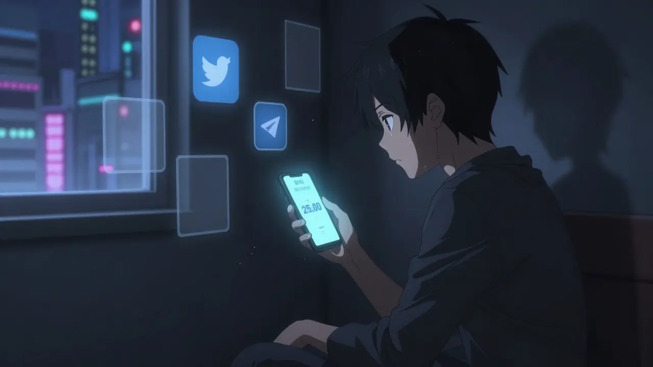 A solitary person in a dark room staring at a phone showing 25 BNU tokens, shadows surrounding them.