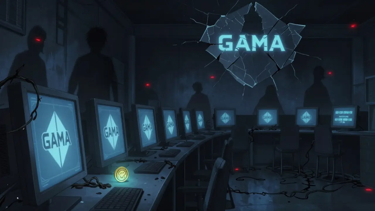 An abandoned game server room with a flickering GAMA token and corrupted code vines, shadows of missing players fade away.
