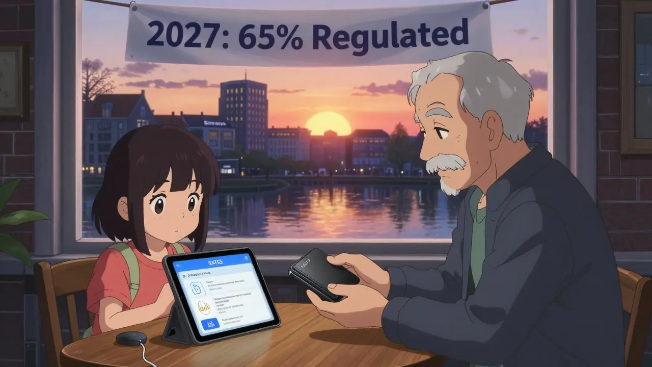 An elderly man handing a hardware wallet to a girl as SATOS glows brightly in the sunrise over Amsterdam.