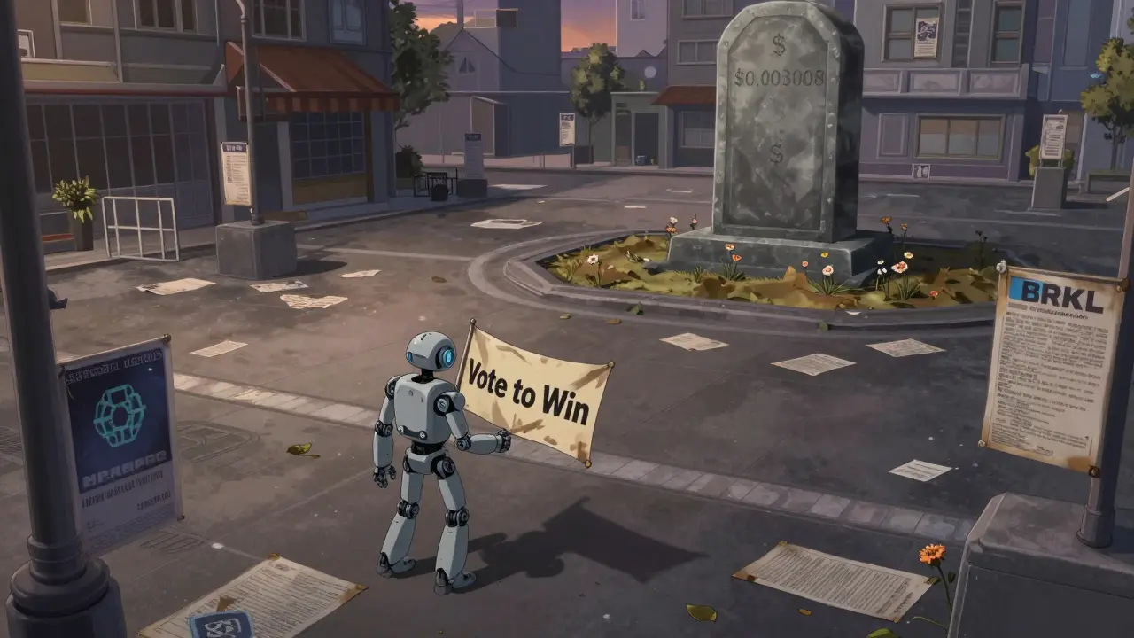 An empty digital town with a faded airdrop banner and a tombstone marking BRKL&#039;s low price.