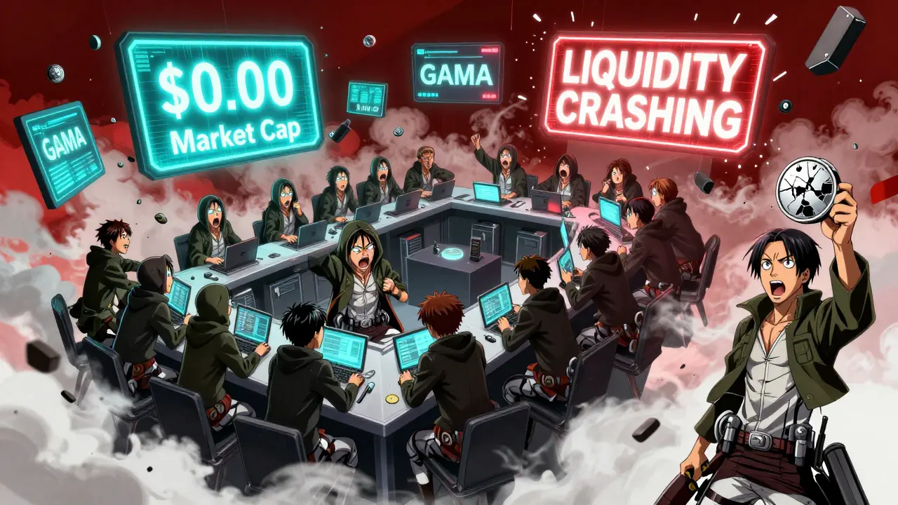 Chaotic traders on a blockchain platform panic as GAMA token prices crash, glowing screens show <h2>Contract Migration: A Red Flag for Early Investors</h2> market cap.