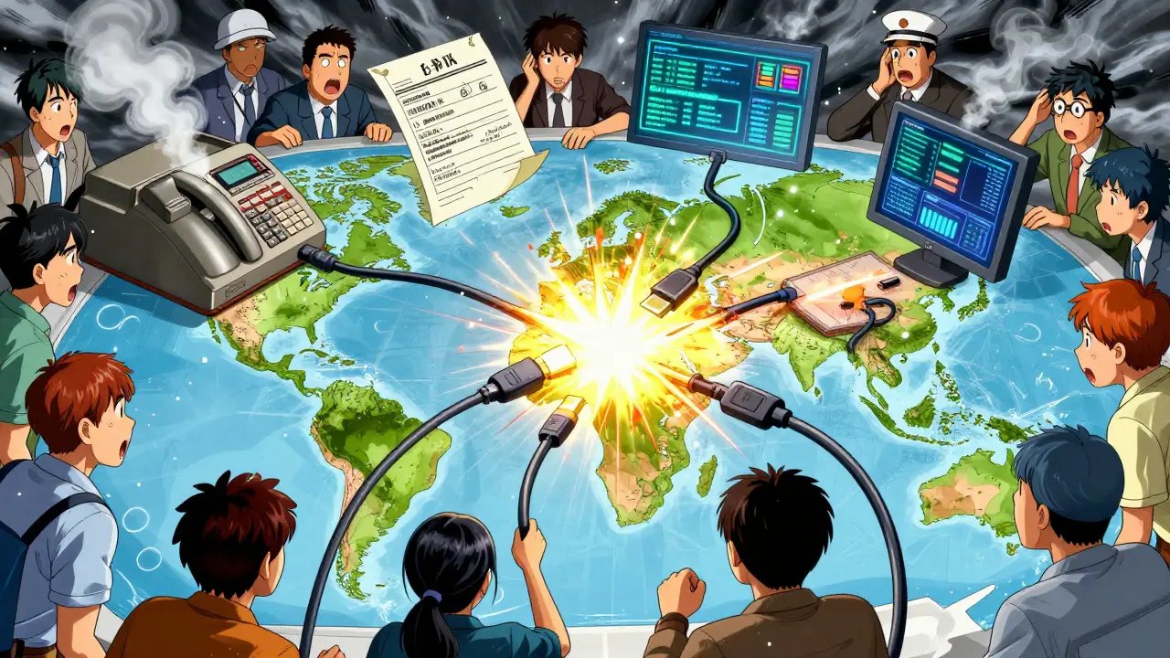 Clashing supply chain systems from around the world violently struggling to connect.