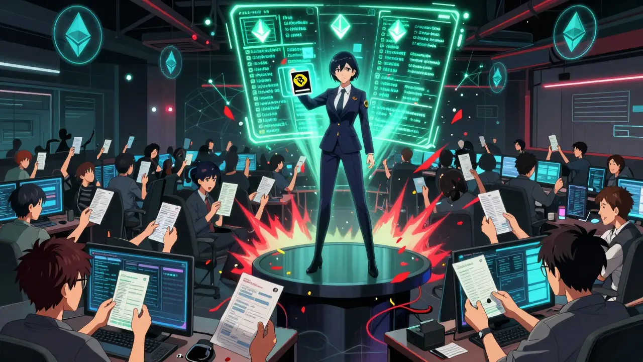 Crowd in a cybercafe frantically gathers documents as a regulator projects blacklisted exchange names above them.