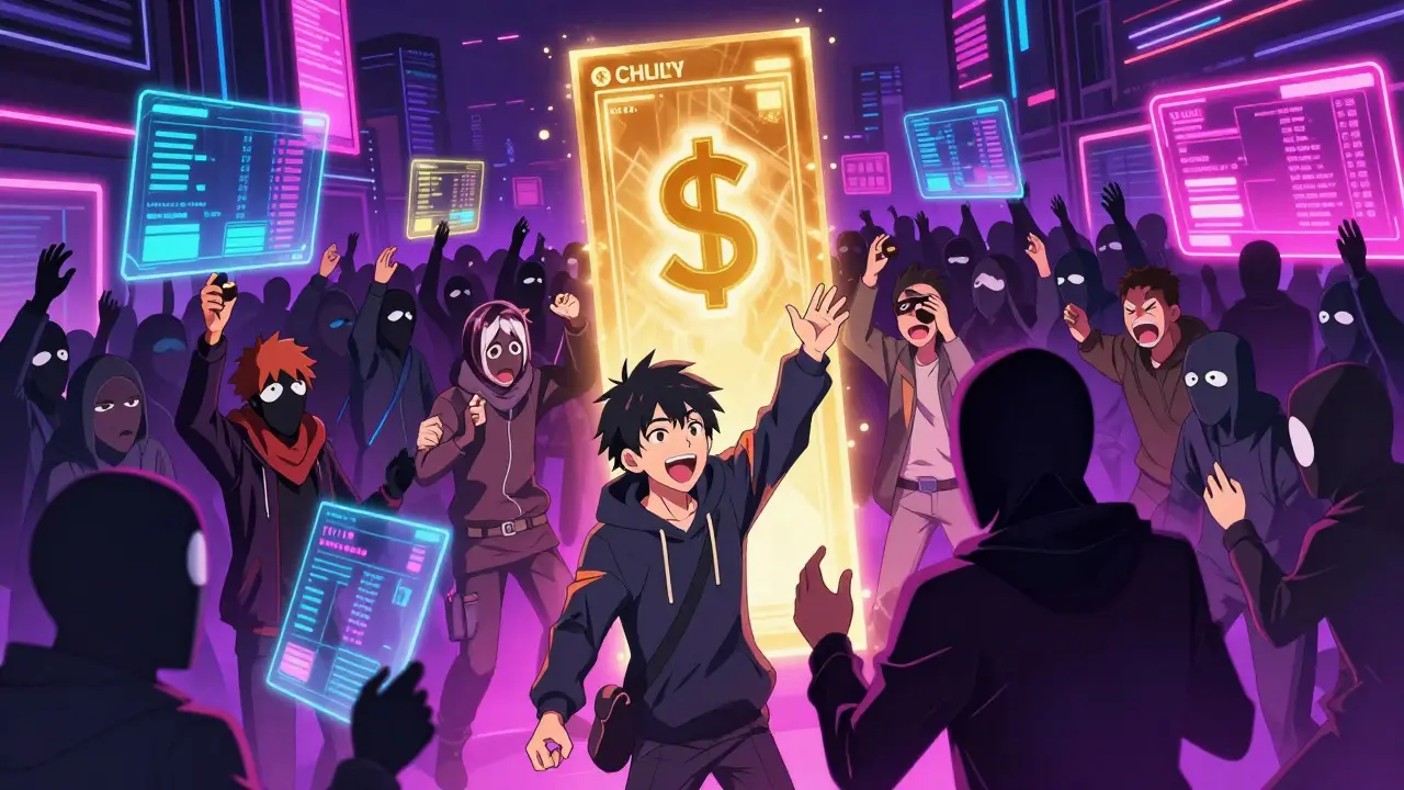 Crowd of anonymous traders in a neon digital marketplace as a token graduates to a golden portal.