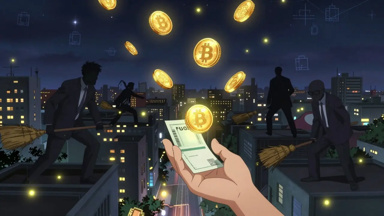 Crypto coins glowing above a city as authorities futilely try to stop them, symbolizing quiet resistance.