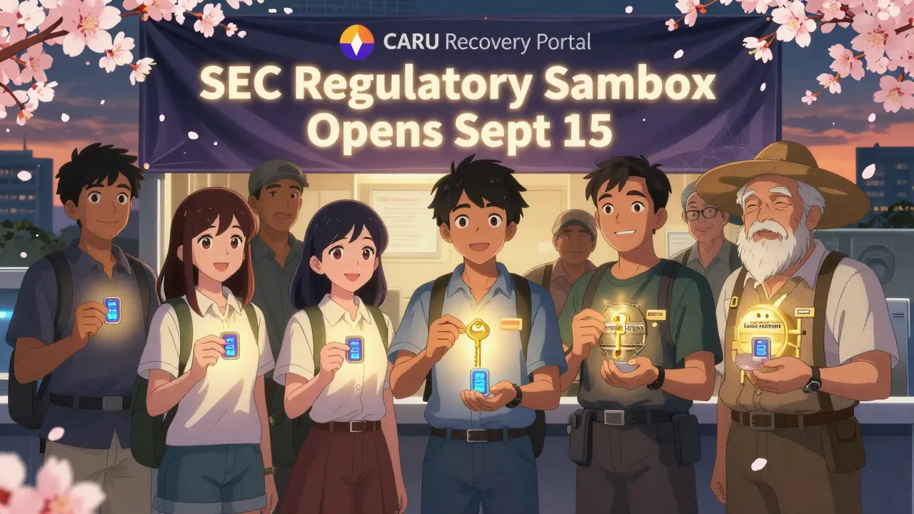 Diverse Filipinos submit recovery documents at a government kiosk, glowing tokens unlocking a vault labeled 'Licensed Crypto.'