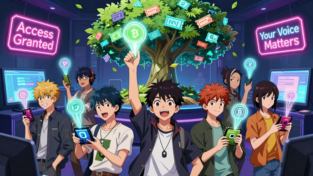 Fans in a digital community room voting on creative content with blockchain-themed visuals.