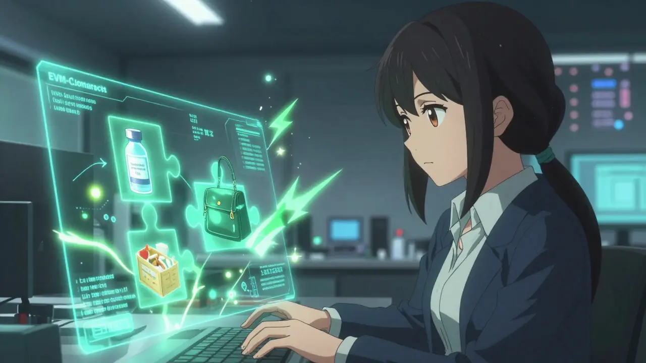 Female developer linking real-world products to blockchain-verified origins using glowing Graph Contracts.