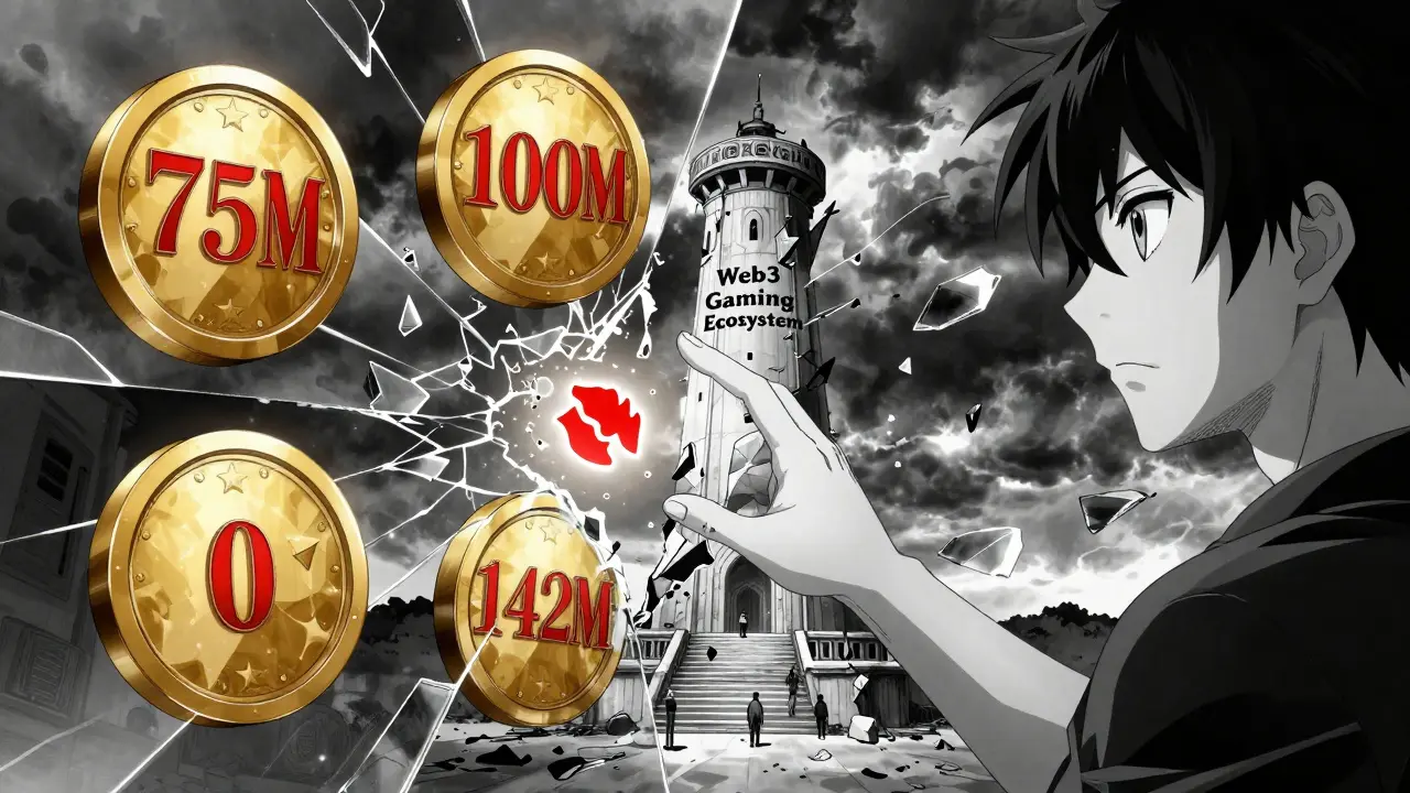 Four conflicting GAMA token supply values float as shattered glass, with a flickering contract address and a crumbling gaming tower behind.