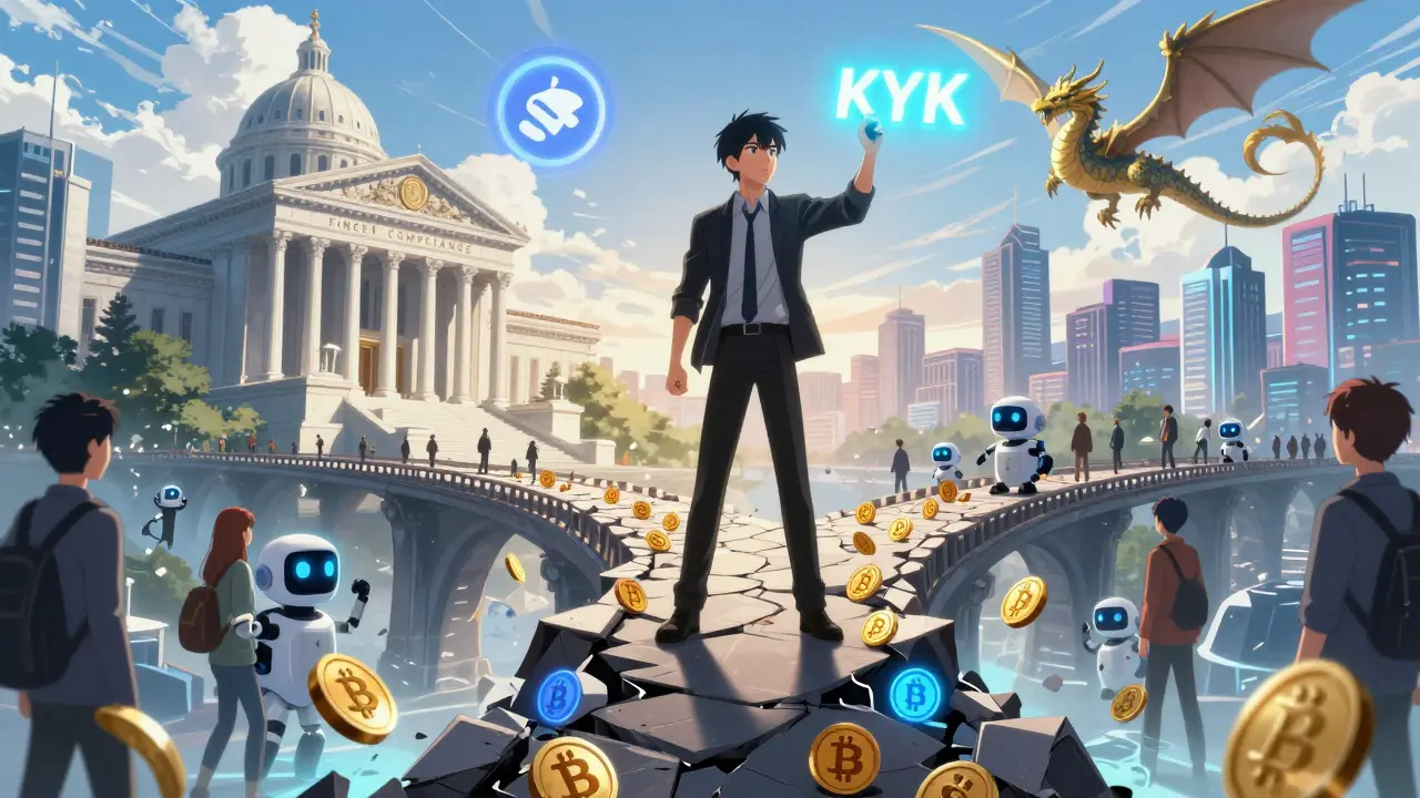 Hero standing on a bridge choosing between regulated UEX path and chaotic Bitget UEX metropolis.