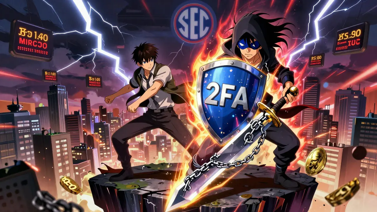 Heroic trader battles a crypto fraudster with a blockchain sword and 2FA shield under a glowing SEC logo.