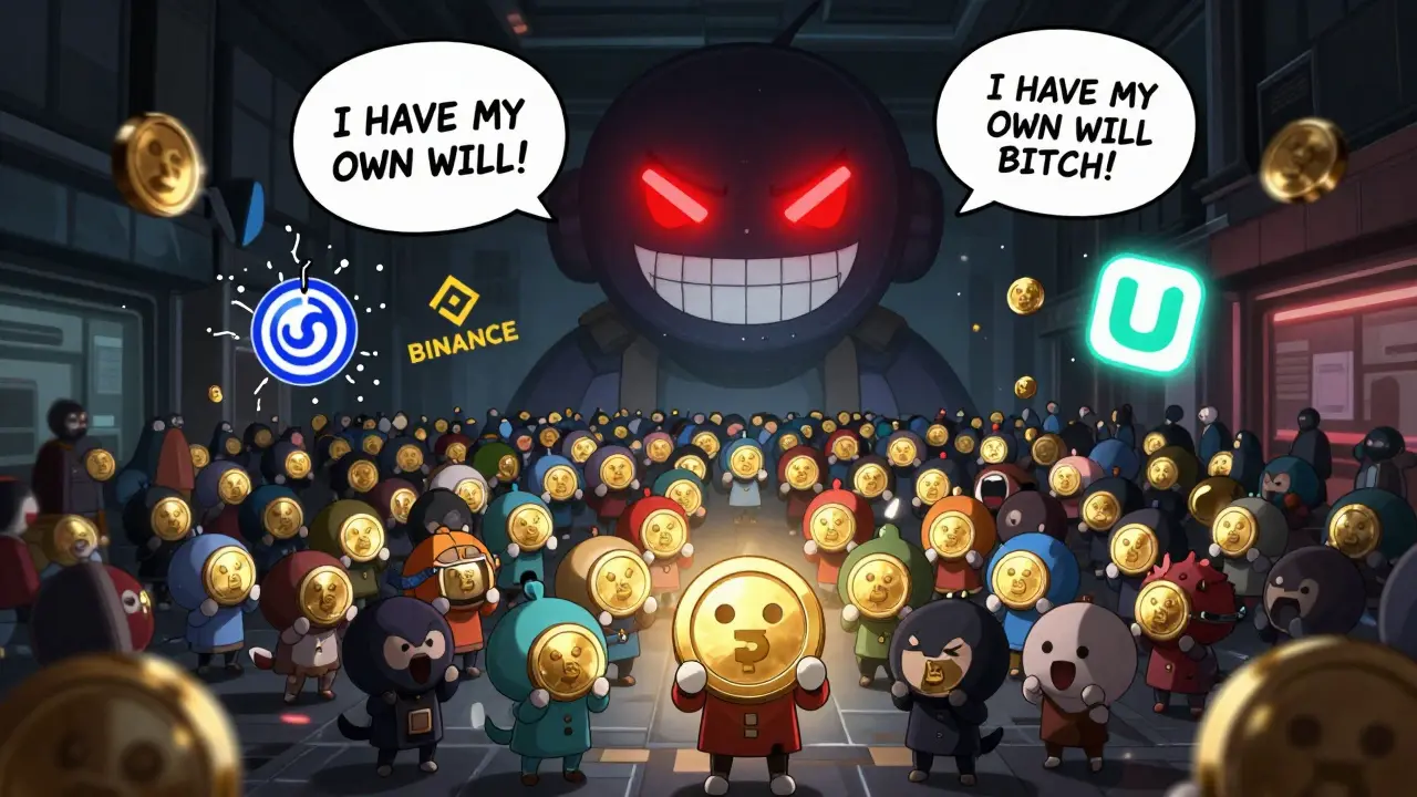 Hundreds of tiny characters hold worthless BSOP tokens beneath a smirking AI mascot in a digital marketplace.
