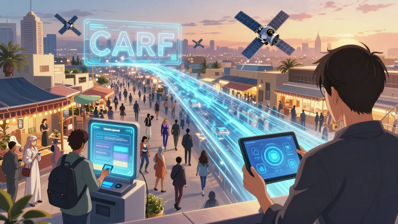 Marketplace with holographic crypto payments and a glowing CARF data stream connecting to satellites.
