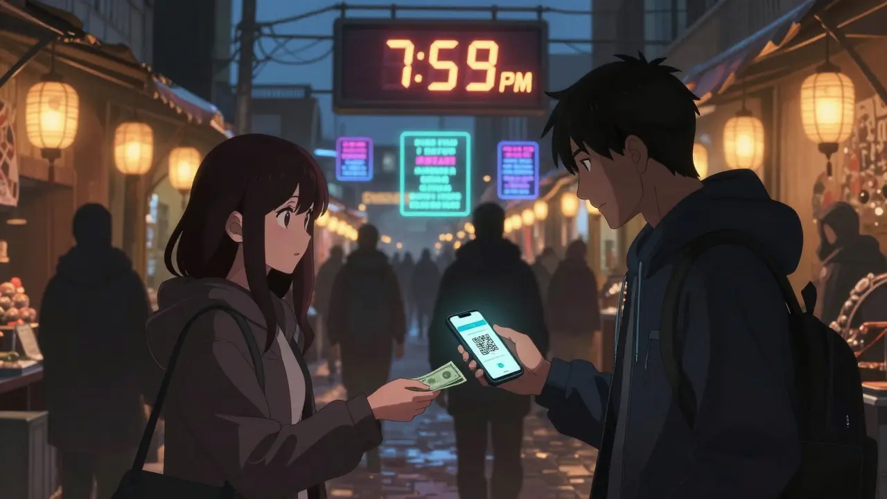 People trade cash for crypto QR codes in a Tehran bazaar as a digital clock counts down to a trading blackout.