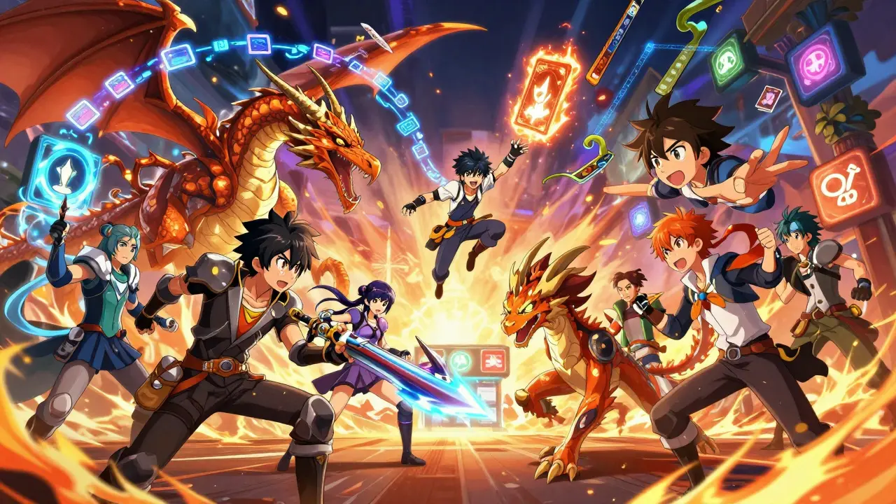 Players battling in a virtual arena with NFT weapons turning into dragons and mounts across interconnected worlds.