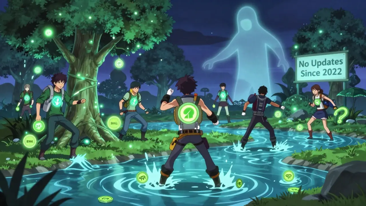 Players harvest eco-trees in a neon metaverse, but a ghostly team member fades behind them.