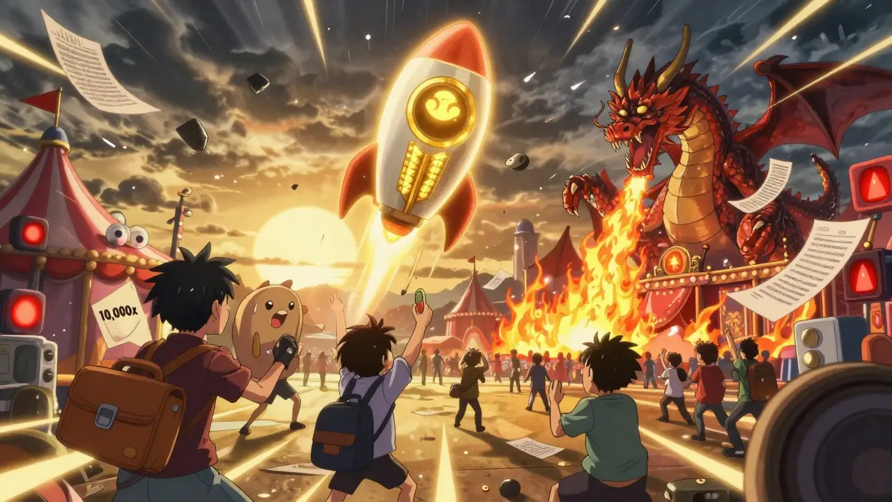 PUMP token mascot soaring above a chaotic crypto carnival with winners and losers below.