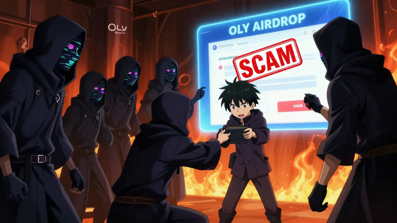 Scammers in hooded robes trick a hero at a fake OLY airdrop site, while the official logo glows with a red scam stamp.