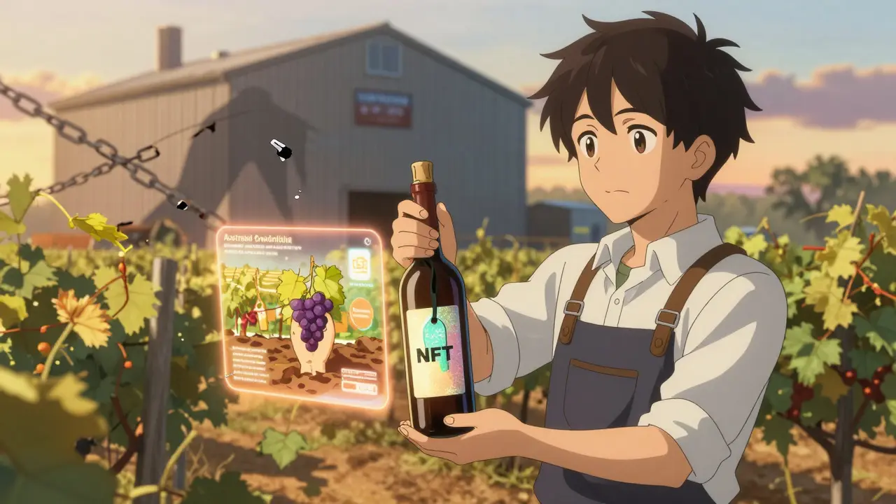 Small winery owner shows customer a glowing NFT proving the bottle's sustainable journey.