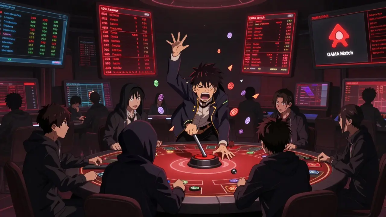 Speculators gamble on floating GAMA price charts in a dark trading floor, while a player faces an empty game lobby.