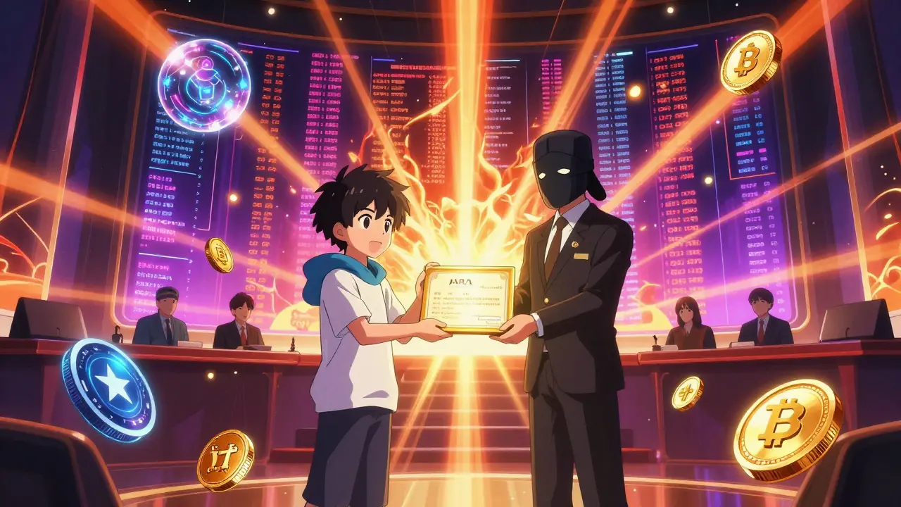 Teen receiving a glowing VARA license amid spinning crypto assets in a futuristic chamber.