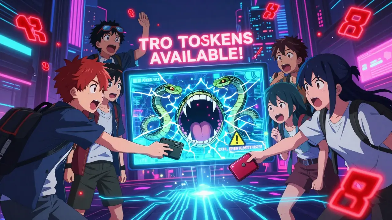 Teens reaching toward a holographic TRO airdrop that reveals digital snakes and warnings.