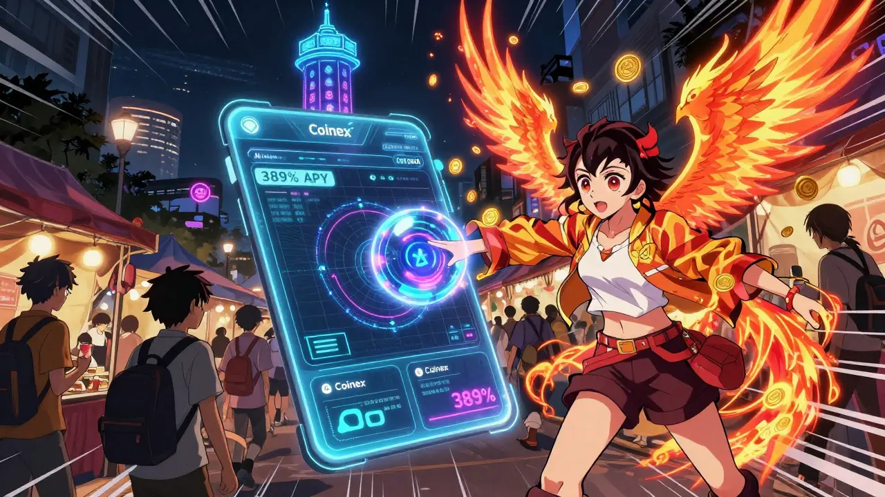 Teens trading altcoins on mobile apps in a neon-lit market, with AI orbs and phoenixes symbolizing high-yield staking.