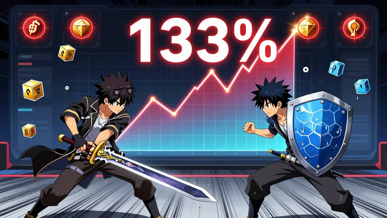 Two characters dueling with token swords and liquidity shields in a digital arena with a spike chart.