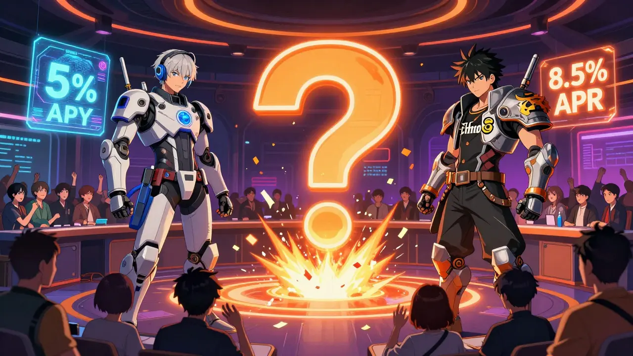 Two teams battle over crypto interest rates, with 'Exbito?' exploding into confetti of correct exchange URLs.