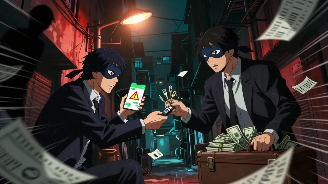 Two traders exchange a crypto USB drive in a Hong Kong alley at night, shadows watching, cash and WeChat warnings visible.