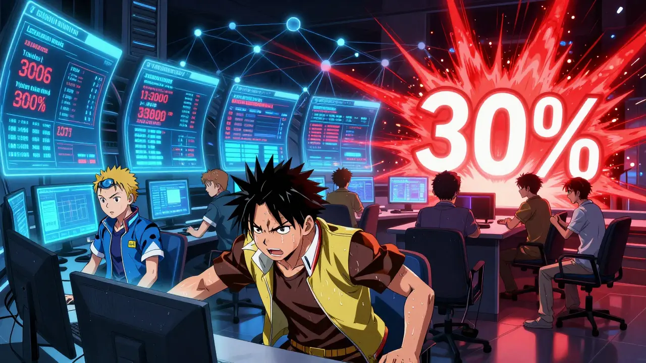 Validators in a command center monitoring holographic warnings as a network collapse looms.