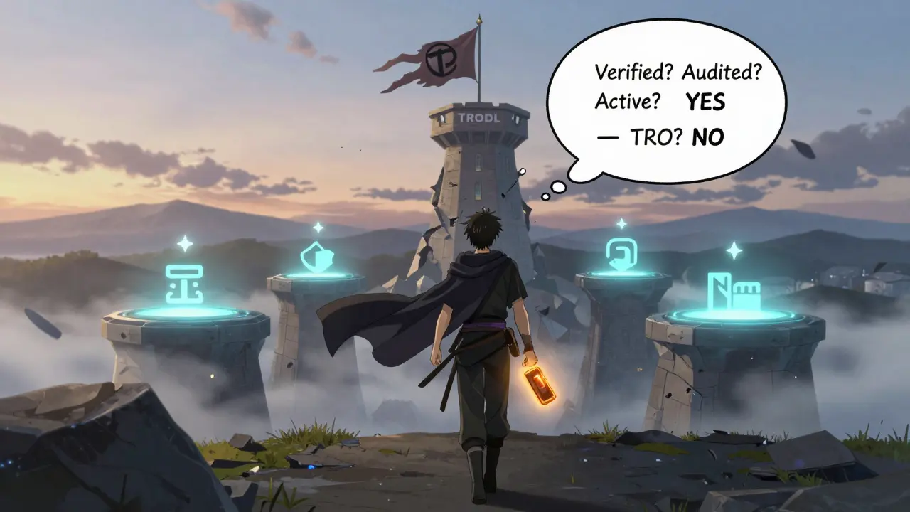 Warrior walking away from a crumbling Trodl tower toward legitimate crypto platforms at dawn.