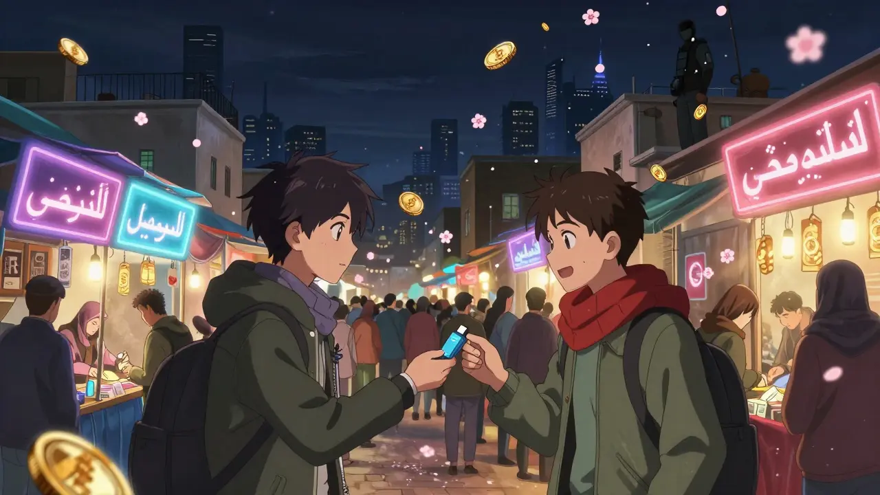 Young people trade crypto for cash in a hidden night market, digital coins swirling like cherry blossoms.