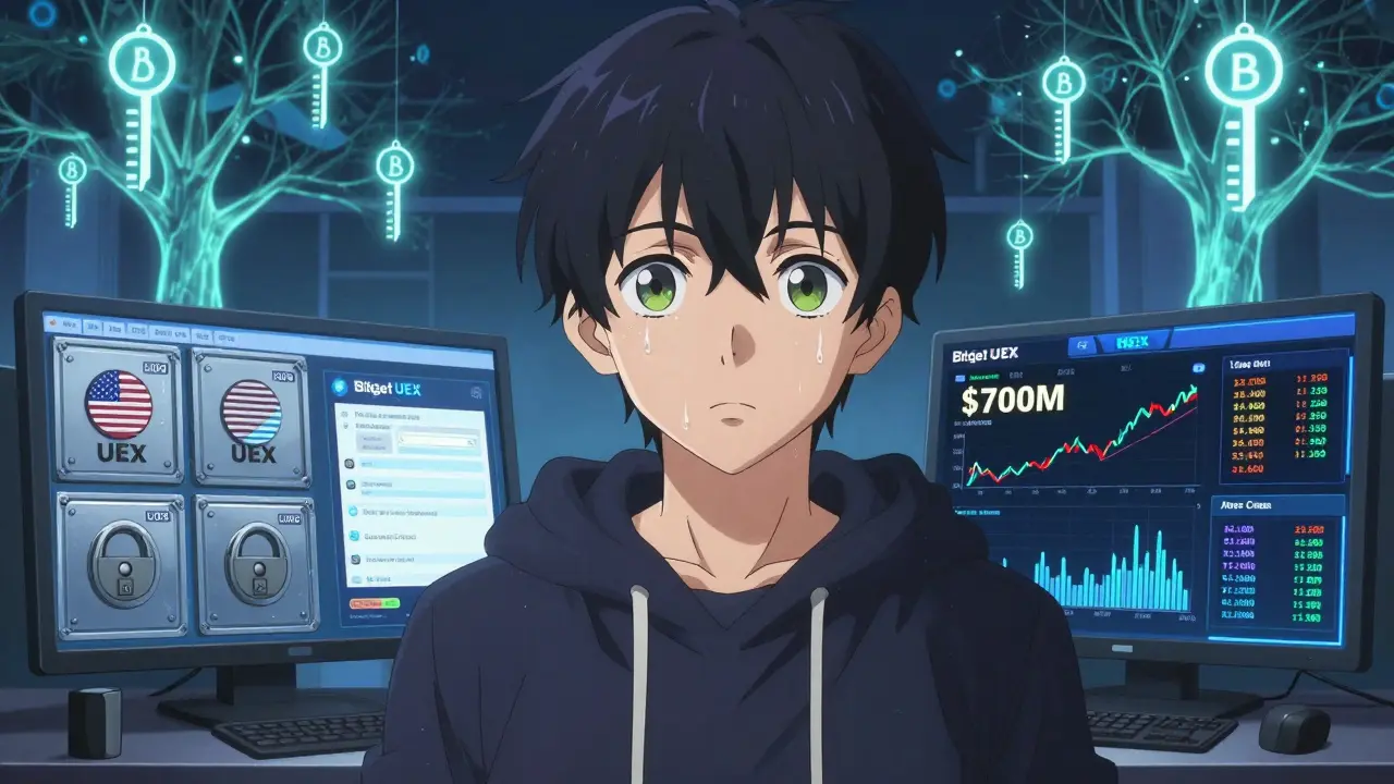 Young trader at a dual console facing UEX cold storage and Bitget UEX AI stock charts.