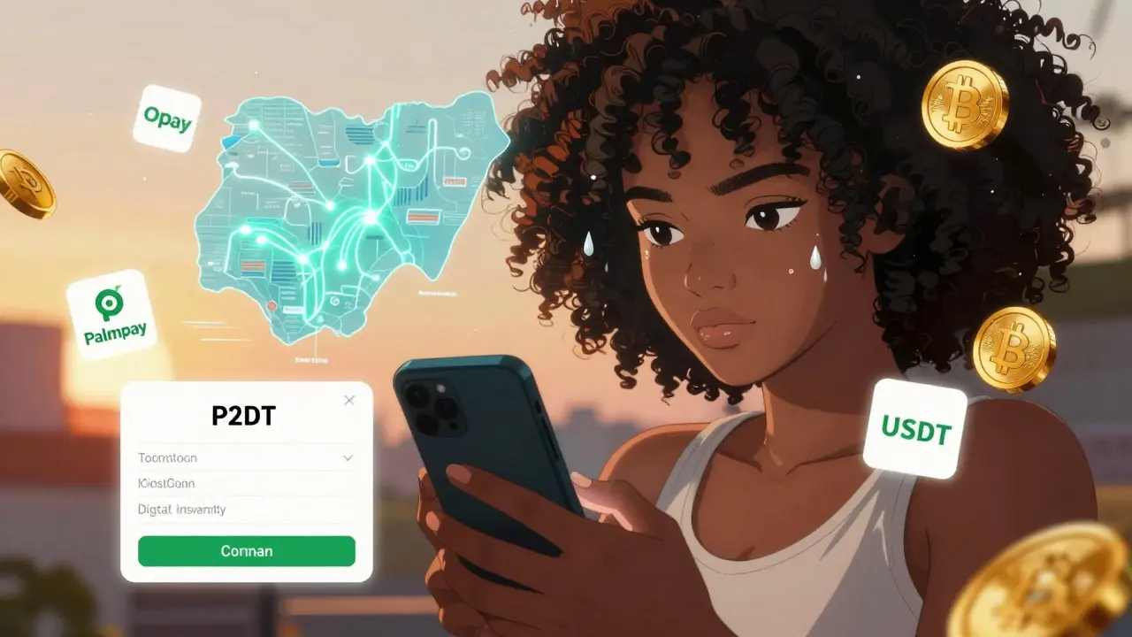 Young woman completes a P2P crypto trade with digital payment and wallet icons floating around her phone.