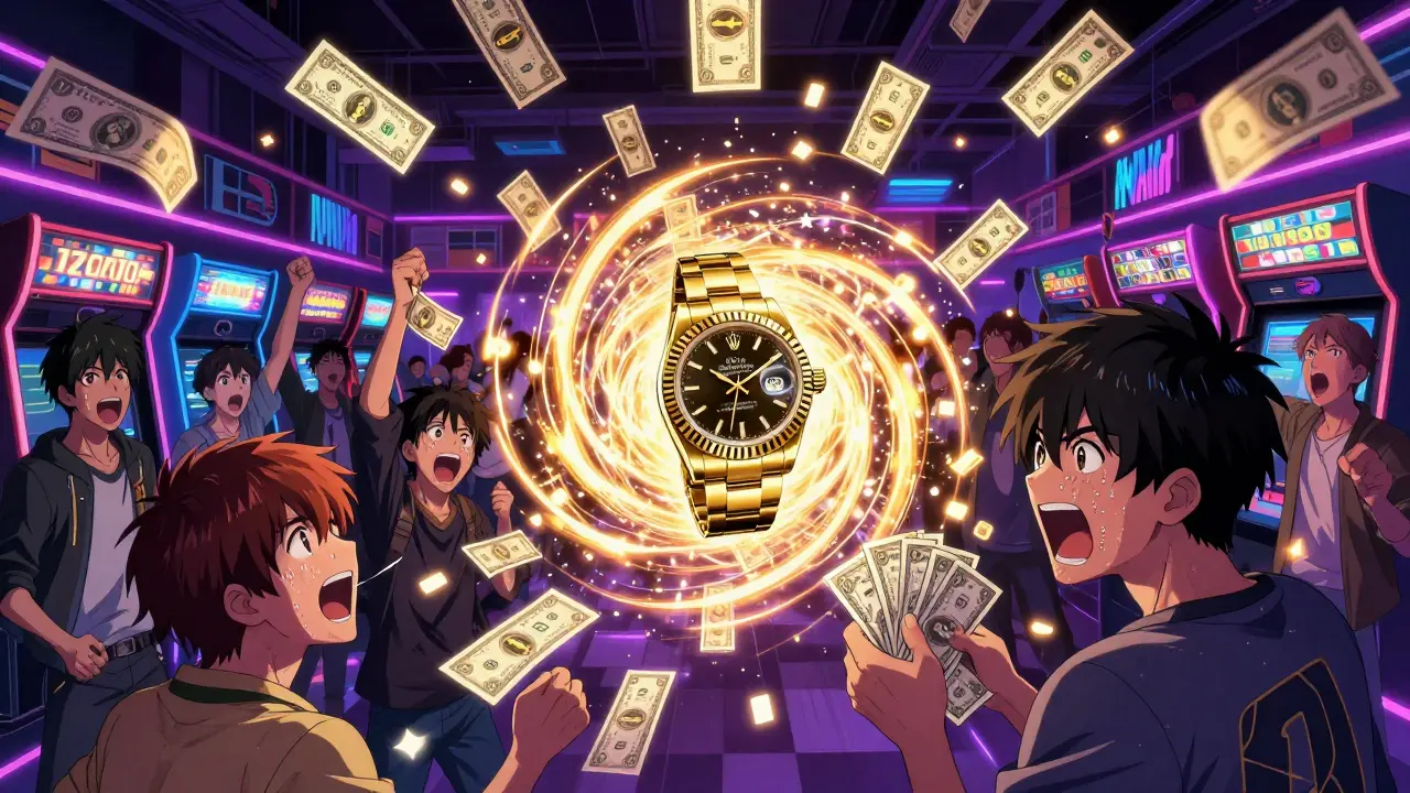 A crowd cheers as golden Rolex watch hovers above a storm of  lottery tickets in a neon-lit arcade arena.
