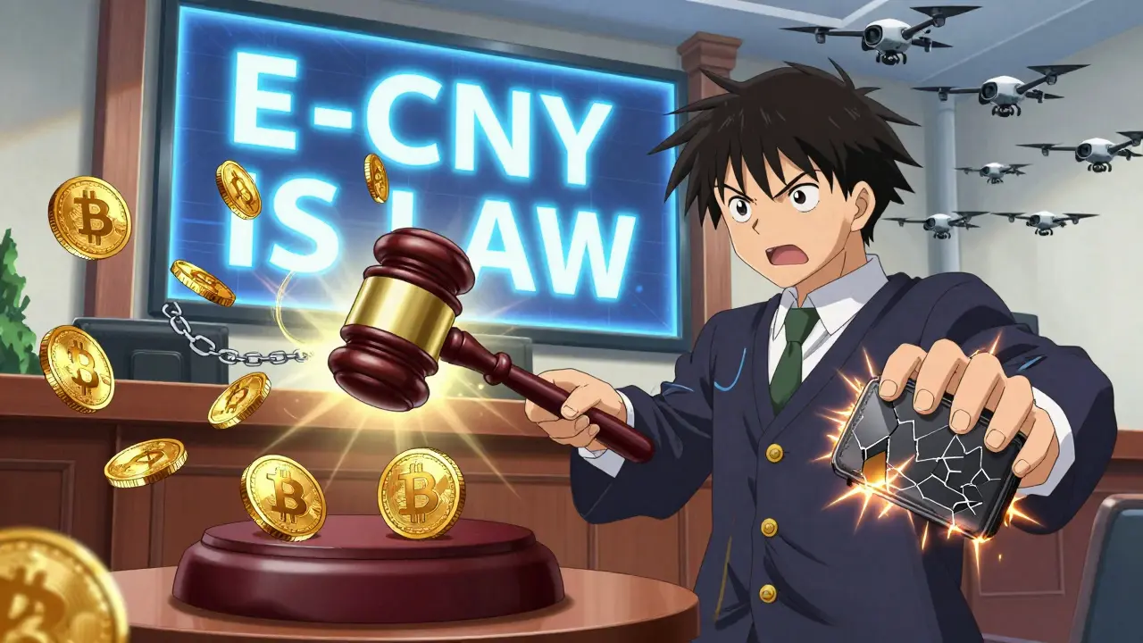 A defendant stands in court as Bitcoin coins are locked away by digital chains under the gaze of e-CNY surveillance.